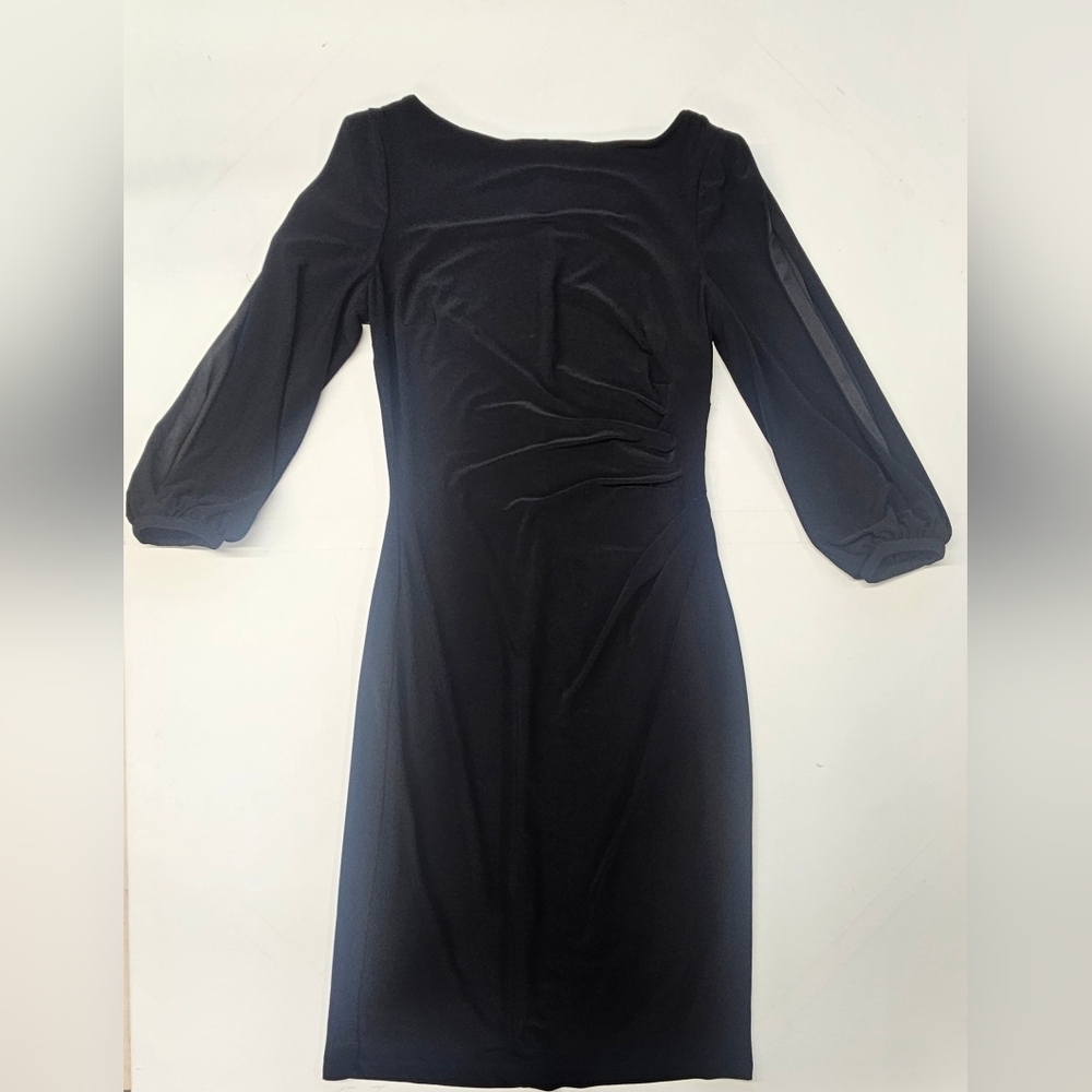 Lauren Ralph Lauren LRL Slinky Dress Sz 6 Classic Black Ruched Side Open Sleeves
